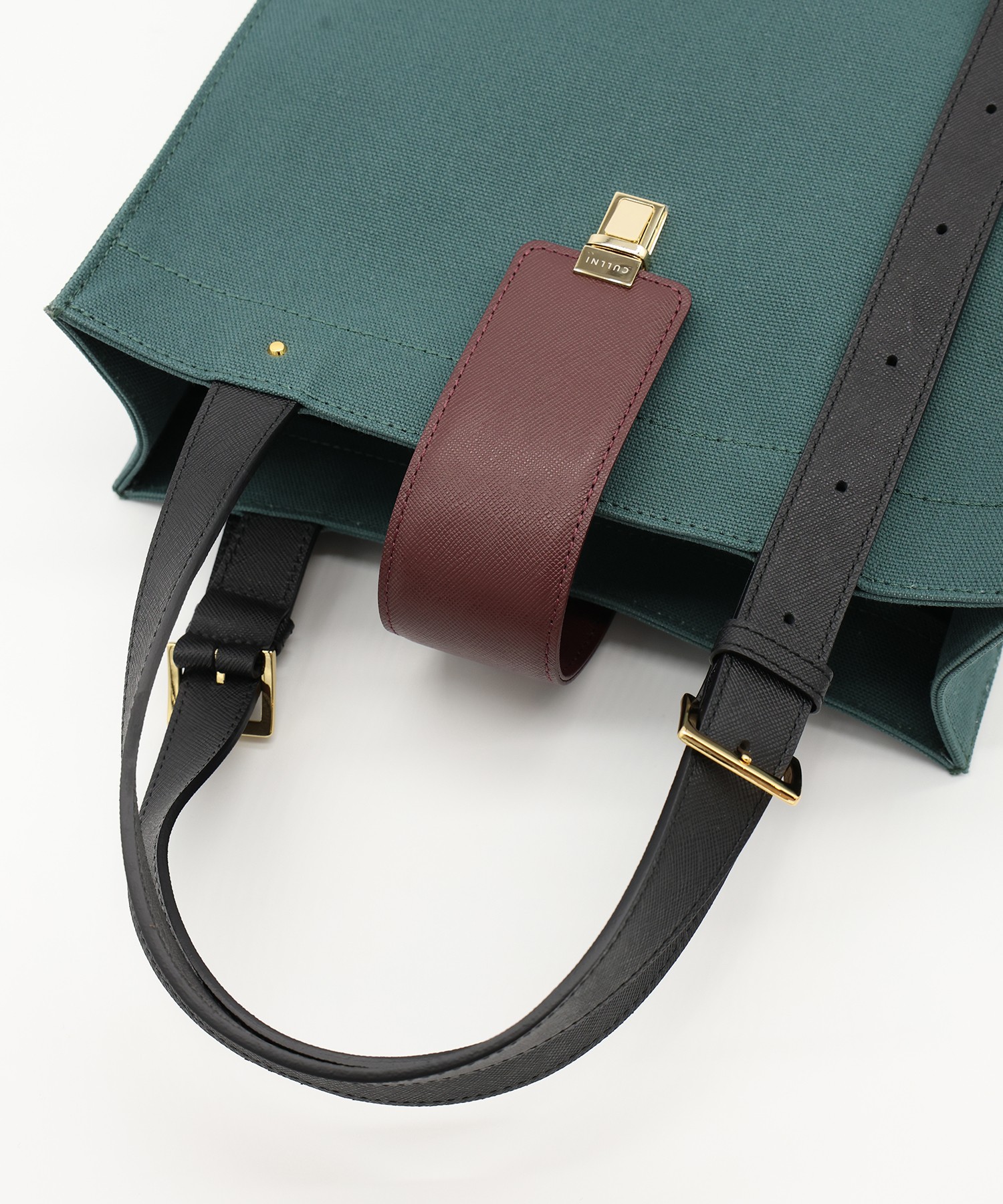 Leather Flap & Belt Tuck Lock Canvas Tote Bag
