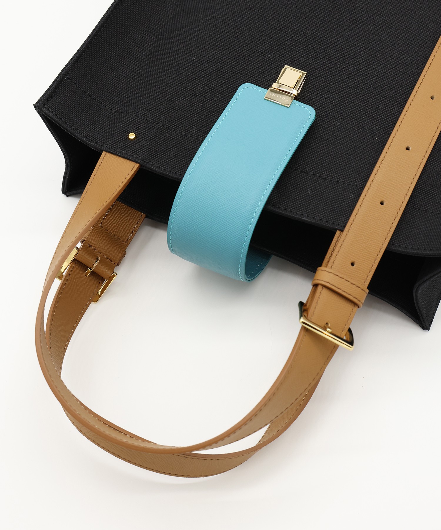 Leather Flap & Belt Tuck Lock Canvas Tote Bag