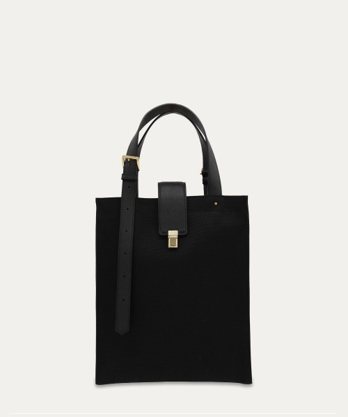 Leather Flap & Belt Tuck Lock Canvas Tote Bag