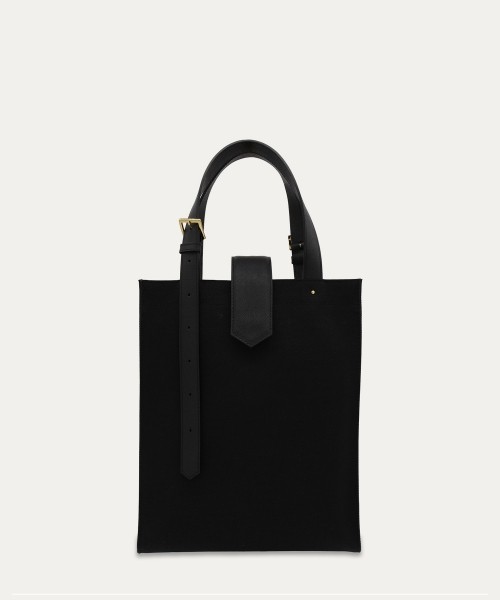 Leather Flap & Belt Tuck Lock Canvas Tote Bag
