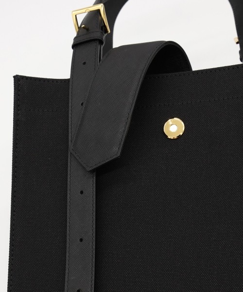 Leather Flap & Belt Tuck Lock Canvas Tote Bag