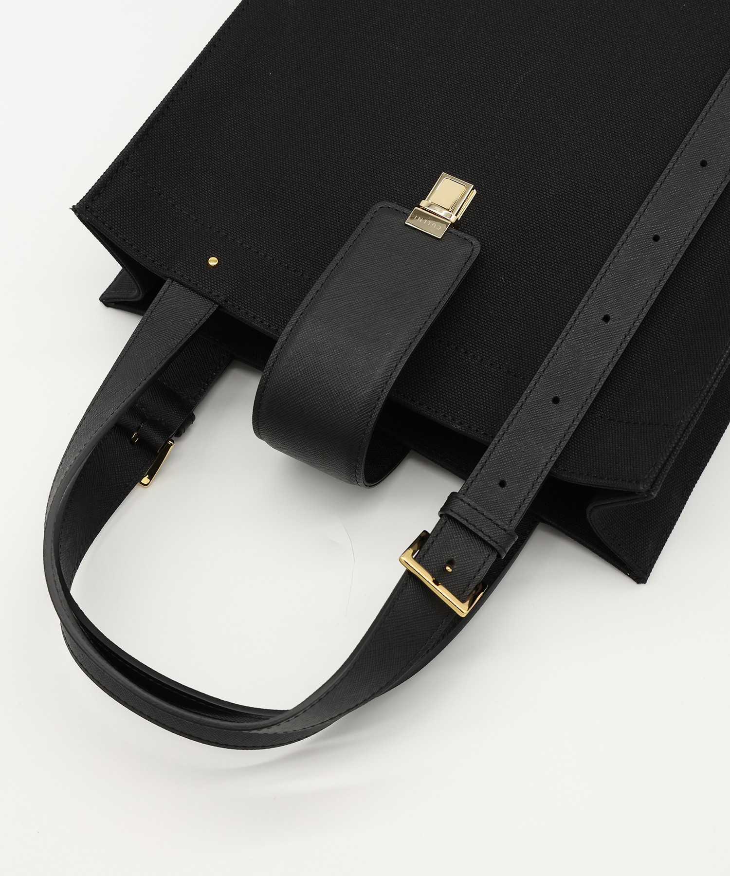 Leather Flap & Belt Tuck Lock Canvas Tote Bag