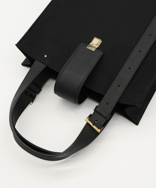 Leather Flap & Belt Tuck Lock Canvas Tote Bag