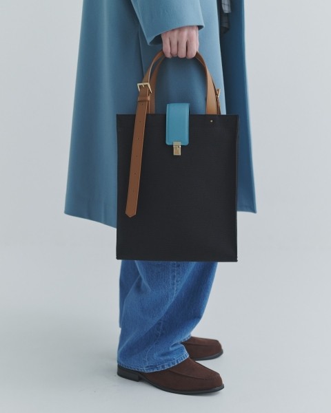 Leather Flap & Belt Tuck Lock Canvas Tote Bag