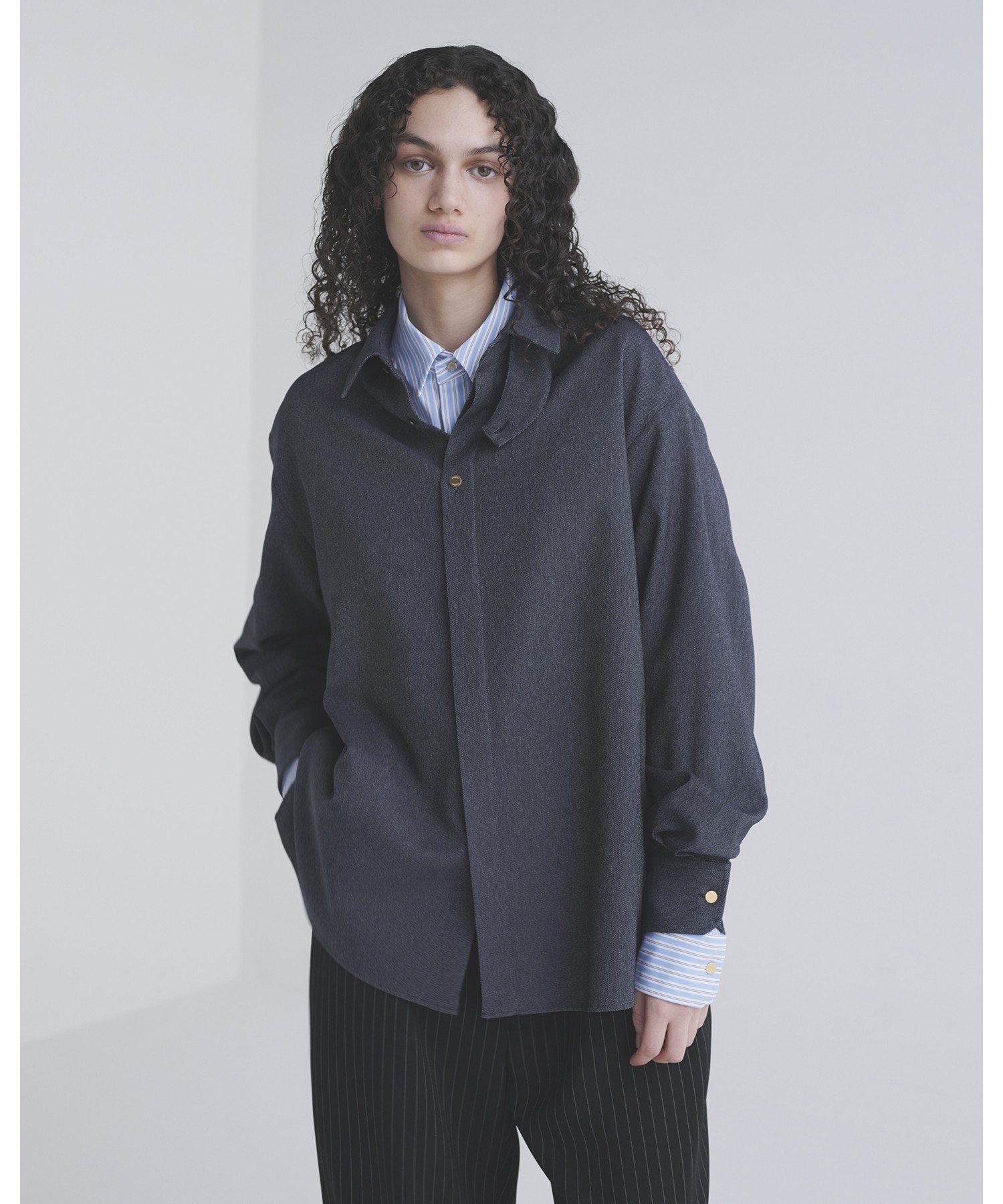 Faux Denim Front Fly Chin Tab Shirt