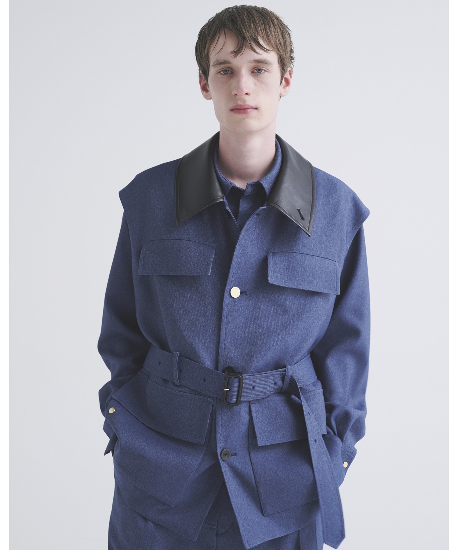 Faux Denim Front Fly Chin Tab Shirt