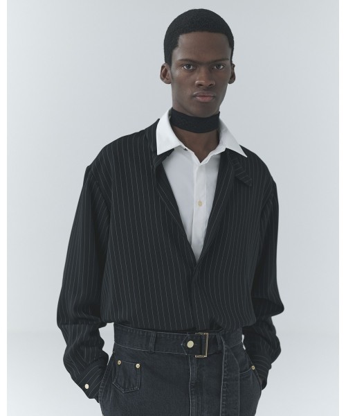 Stripe Double Cloth Chin Tab Long Sleeve Shirt