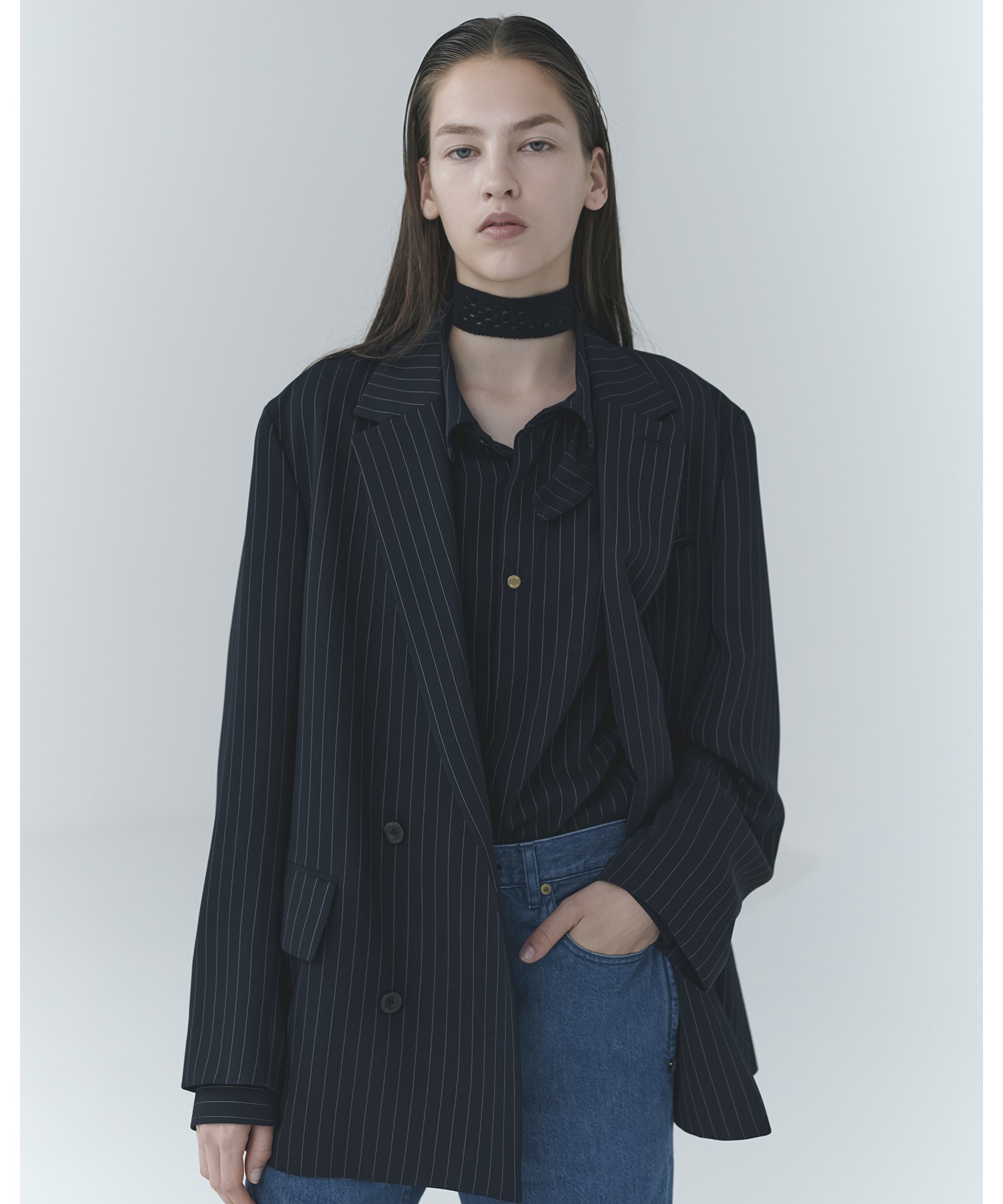 Stripe Double Cloth Chin Tab Long Sleeve Shirt