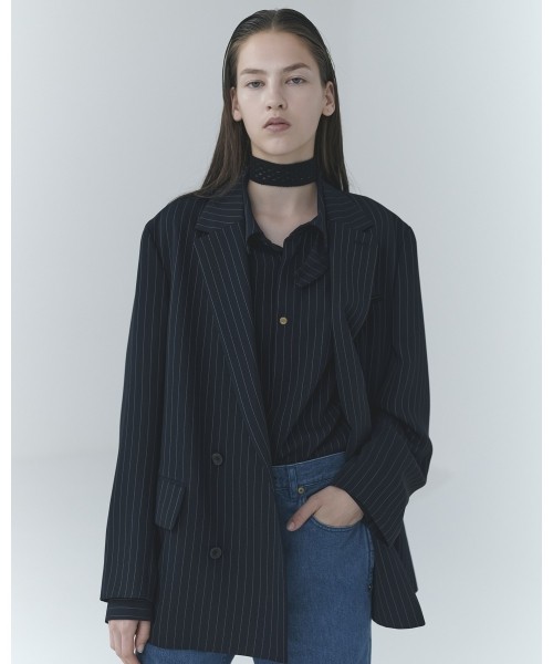 Stripe Double Cloth Chin Tab Long Sleeve Shirt