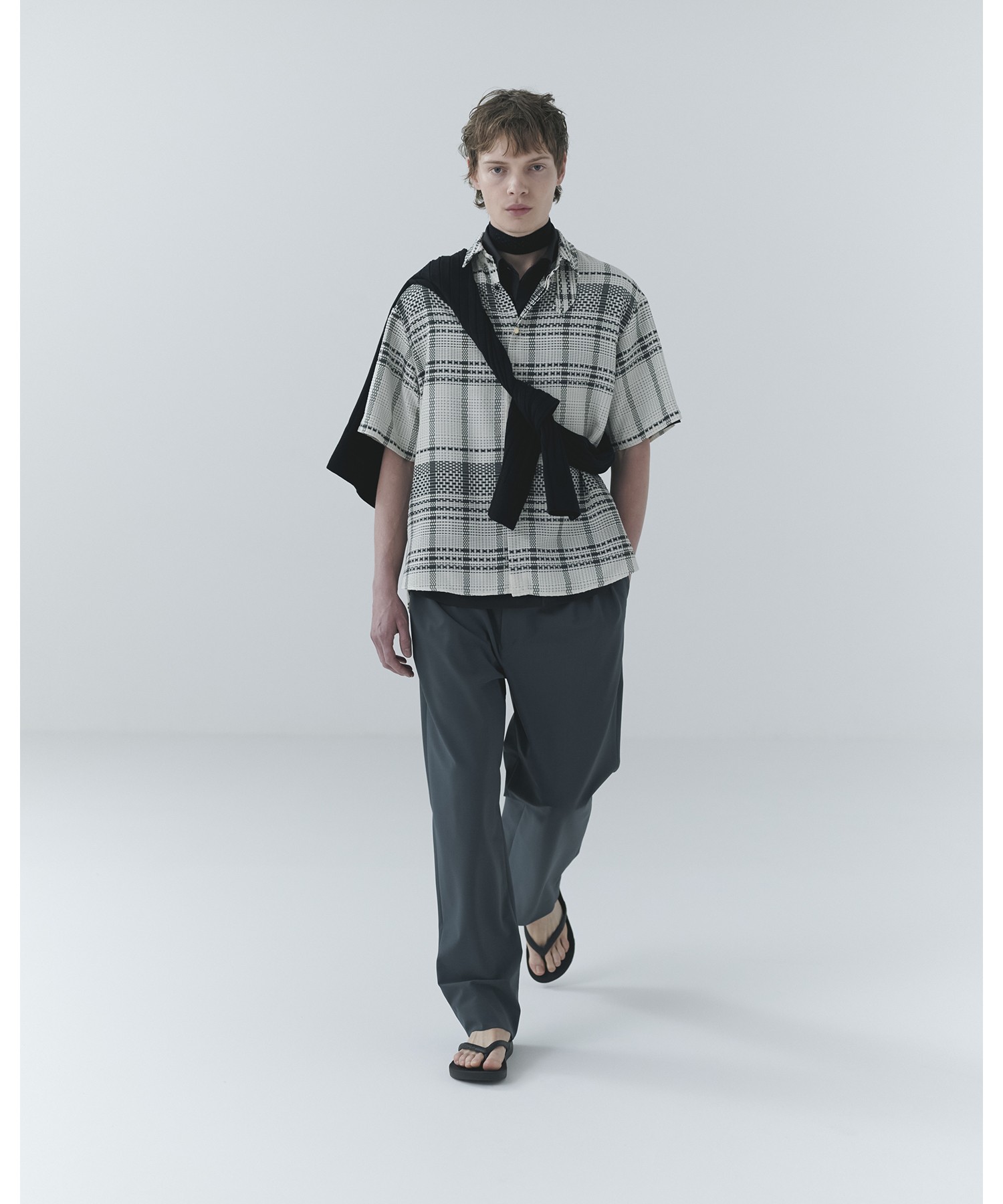 Sheer Tile Check Chin Tab Short Sleeve Shirt