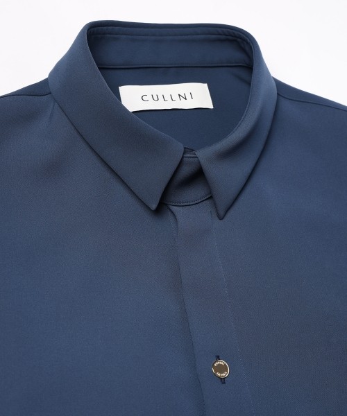Double Satin Minimal Chin Tab Long Sleeve Shirt