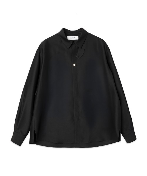 Silk Wool Taffeta Minimal Chin Tab Long Sleeve Shirt