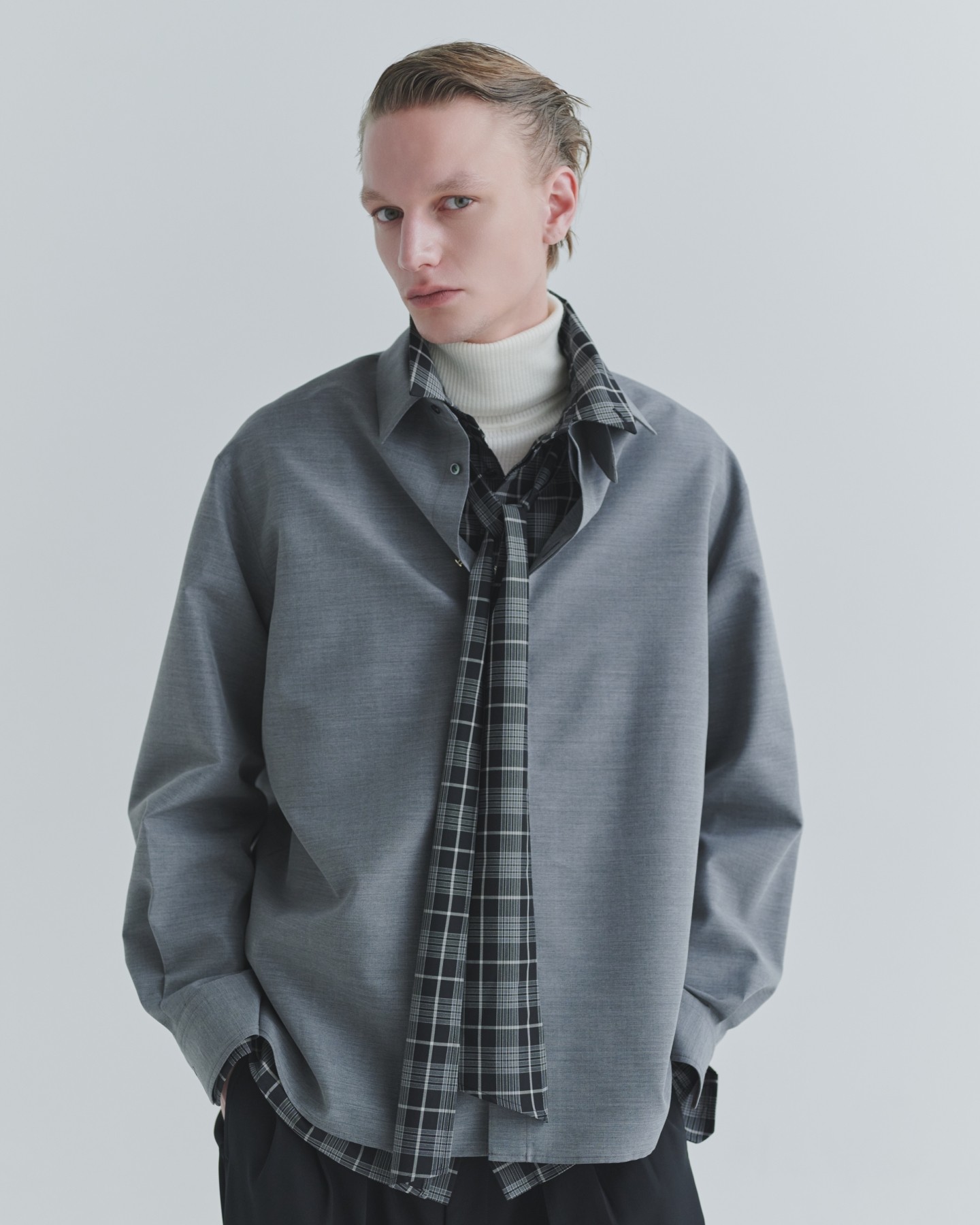 Silk Wool Taffeta Minimal Chin Tab Long Sleeve Shirt