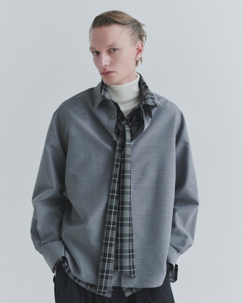 Silk Wool Taffeta Minimal Chin Tab Long Sleeve Shirt