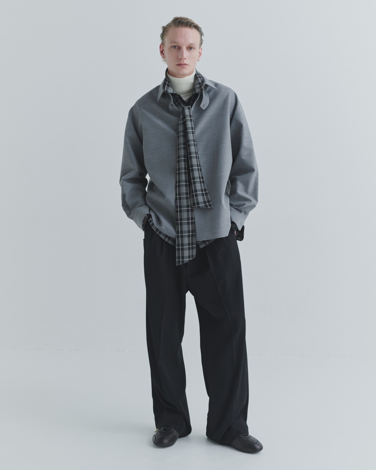Silk Wool Taffeta Minimal Chin Tab Long Sleeve Shirt