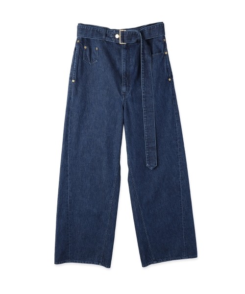 Asymmetrical Pocket Extra Wide Denim Pant with Long Belt