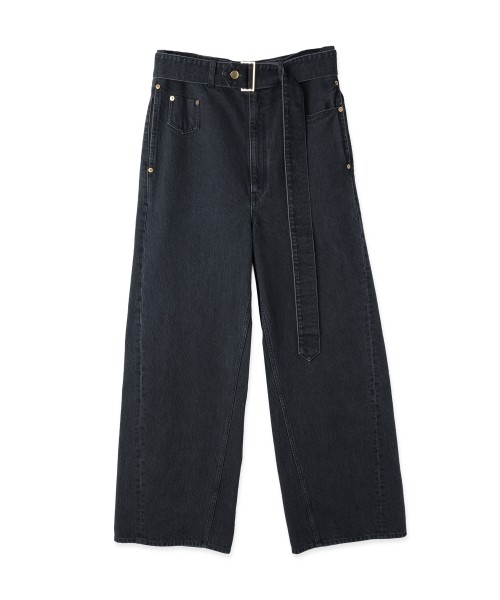 Asymmetrical Pocket Extra Wide Denim Pant with Long Belt