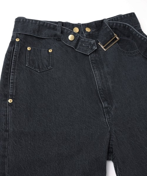 Asymmetrical Pocket Extra Wide Denim Pant with Long Belt