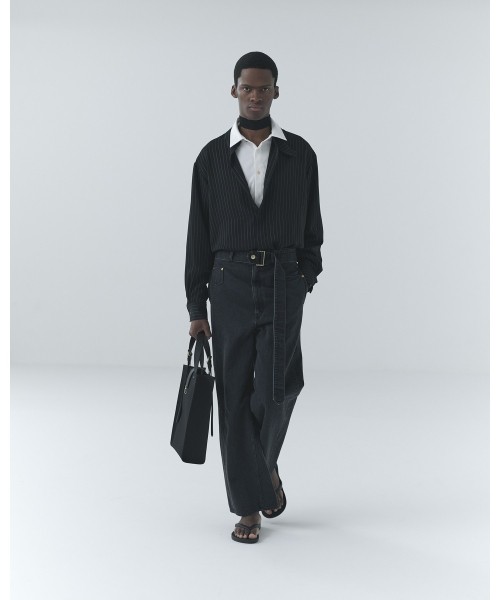 Asymmetrical Pocket Extra Wide Denim Pant with Long Belt