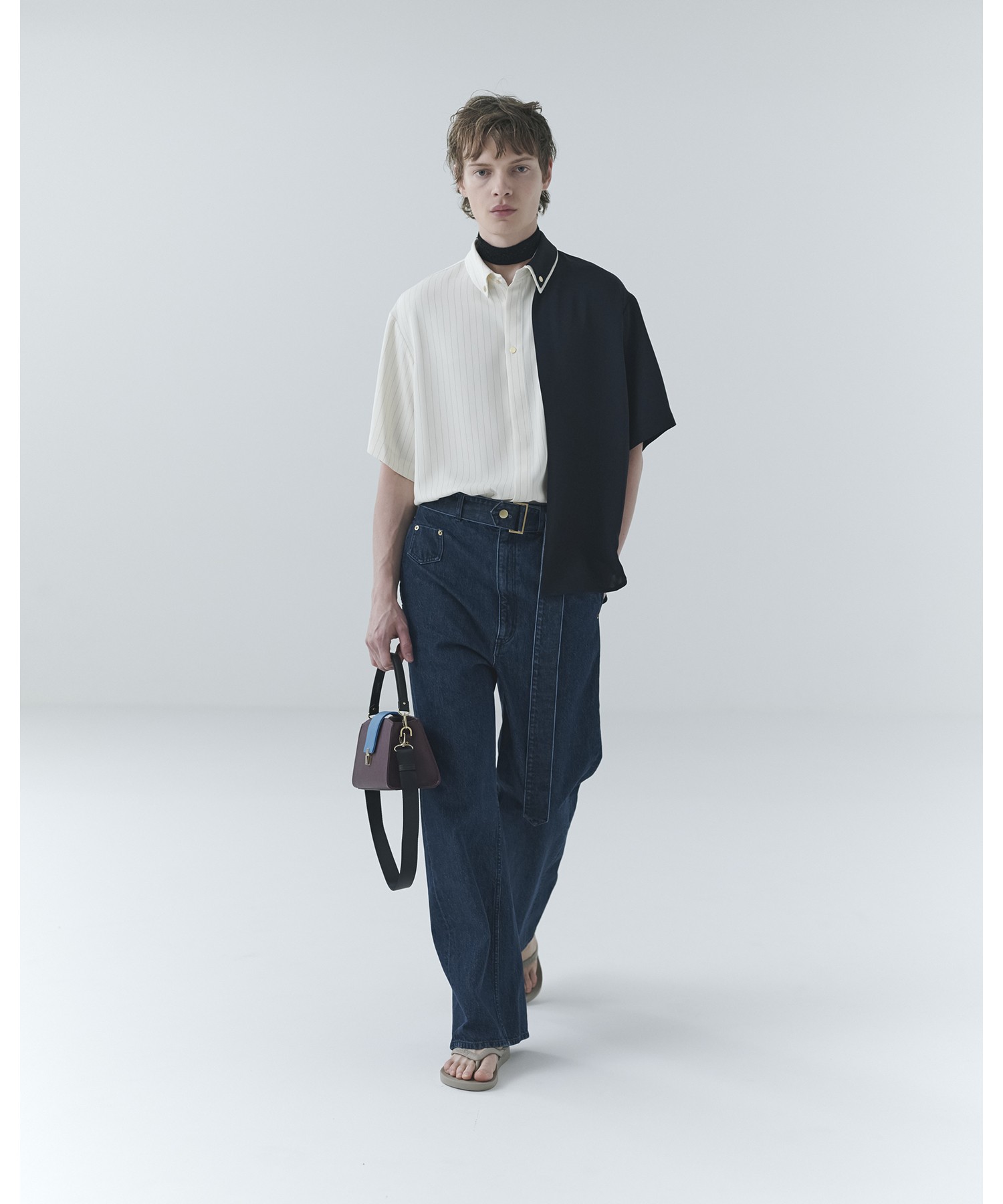 Asymmetrical Pocket Extra Wide Denim Pant with Long Belt