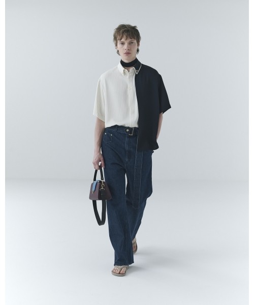 Asymmetrical Pocket Extra Wide Denim Pant with Long Belt