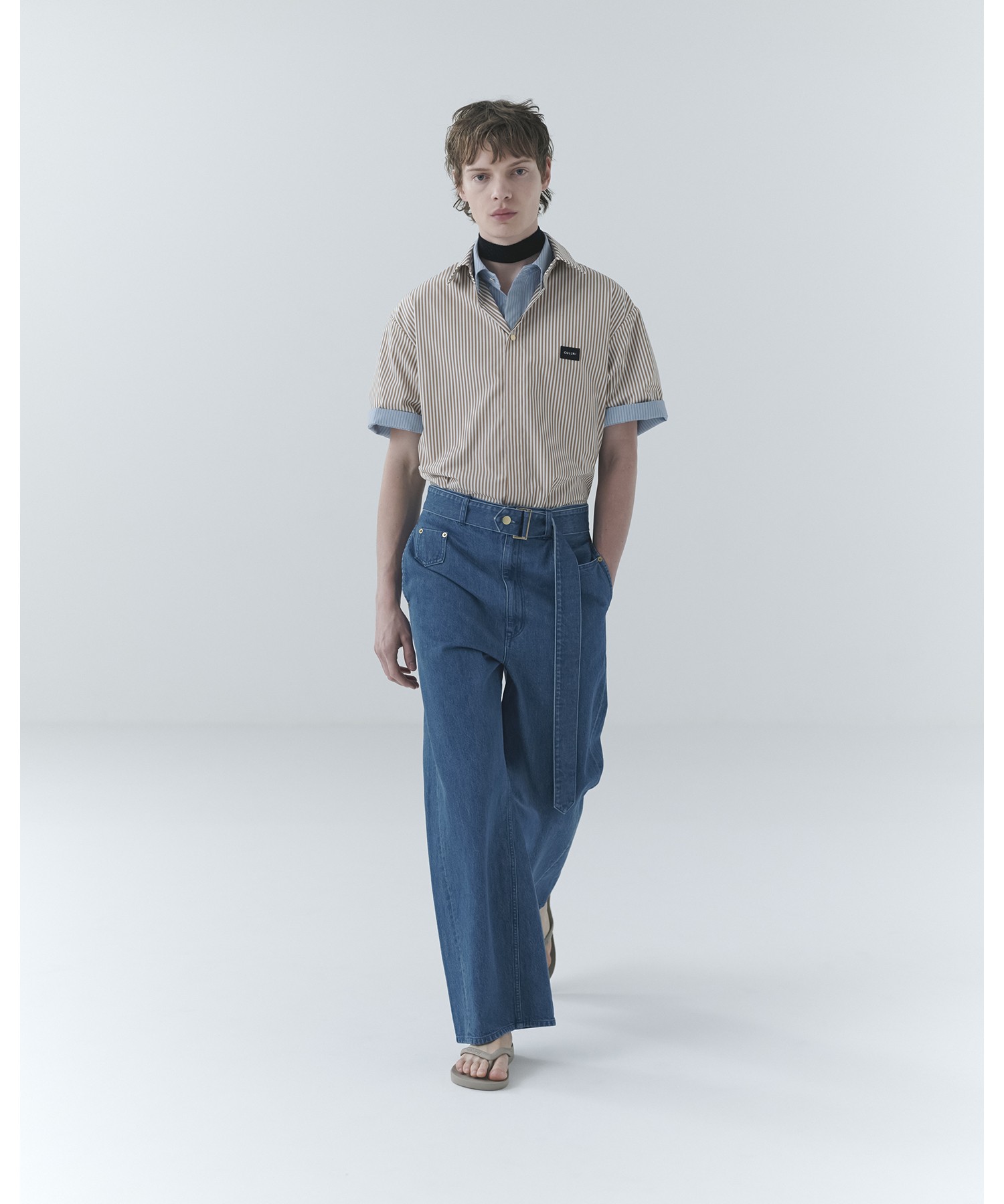 Asymmetrical Pocket Extra Wide Denim Pant with Long Belt