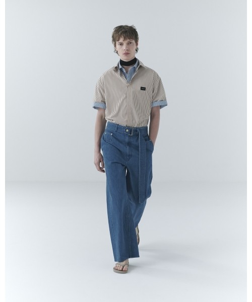Asymmetrical Pocket Extra Wide Denim Pant with Long Belt