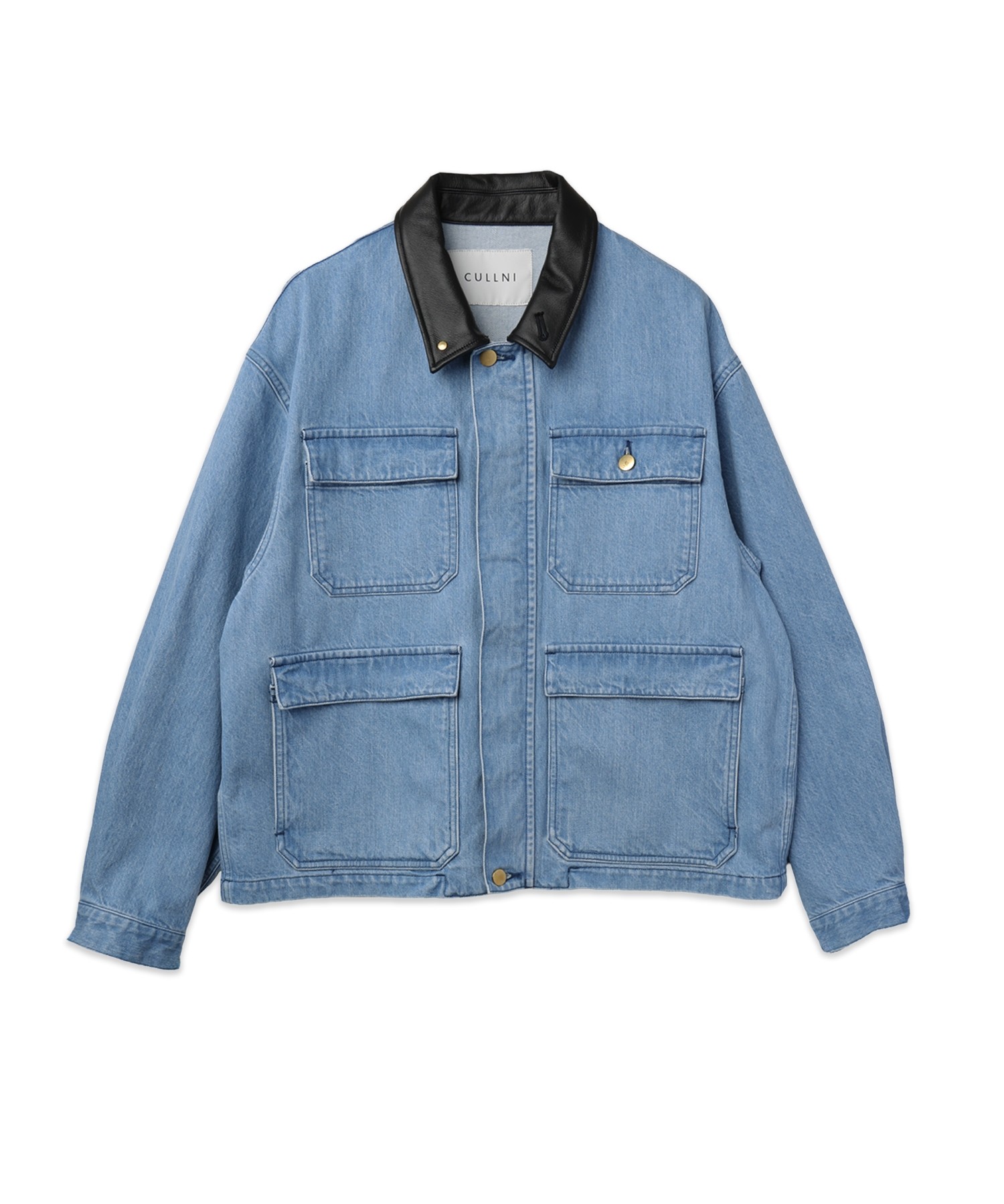 Heavy Bleach Wash Leather Collar 12oz Denim Jacket