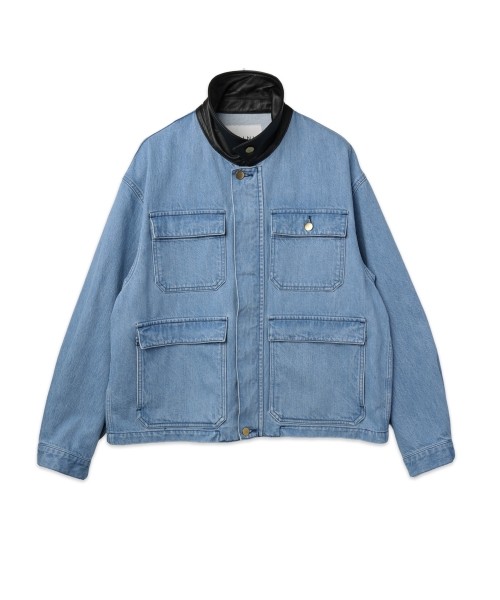 Heavy Bleach Wash Leather Collar 12oz Denim Jacket