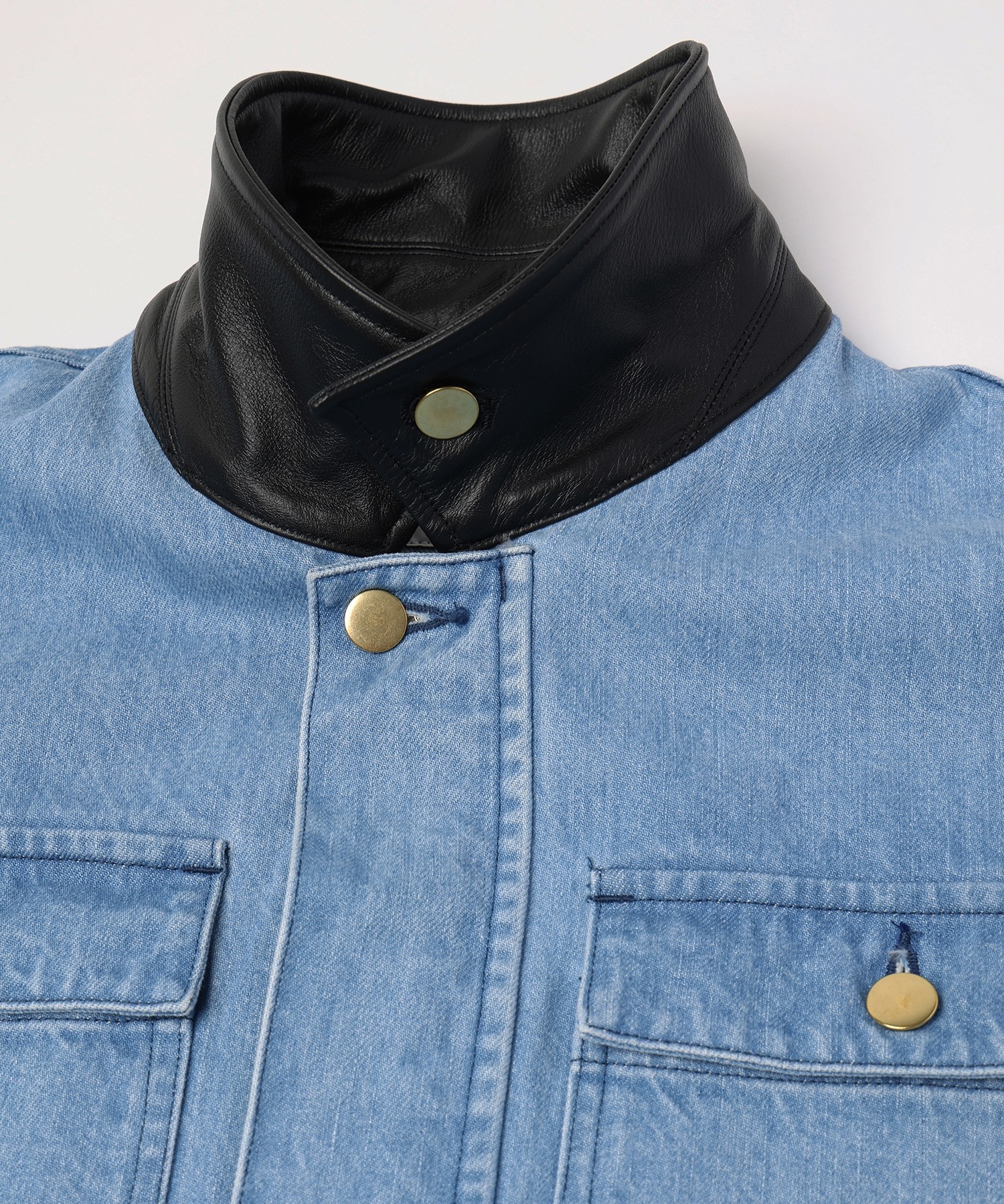 Heavy Bleach Wash Leather Collar 12oz Denim Jacket