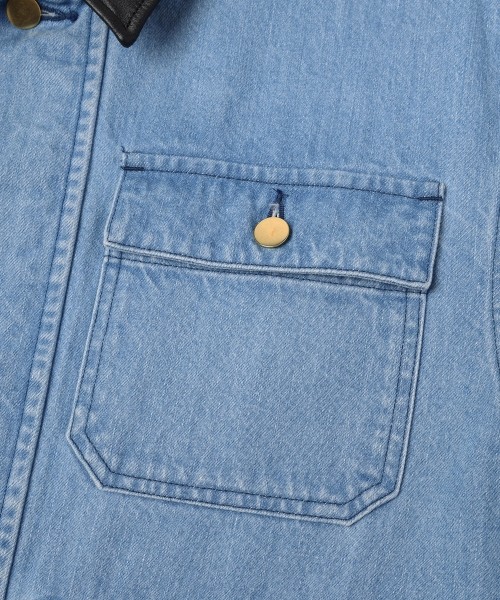 Heavy Bleach Wash Leather Collar 12oz Denim Jacket