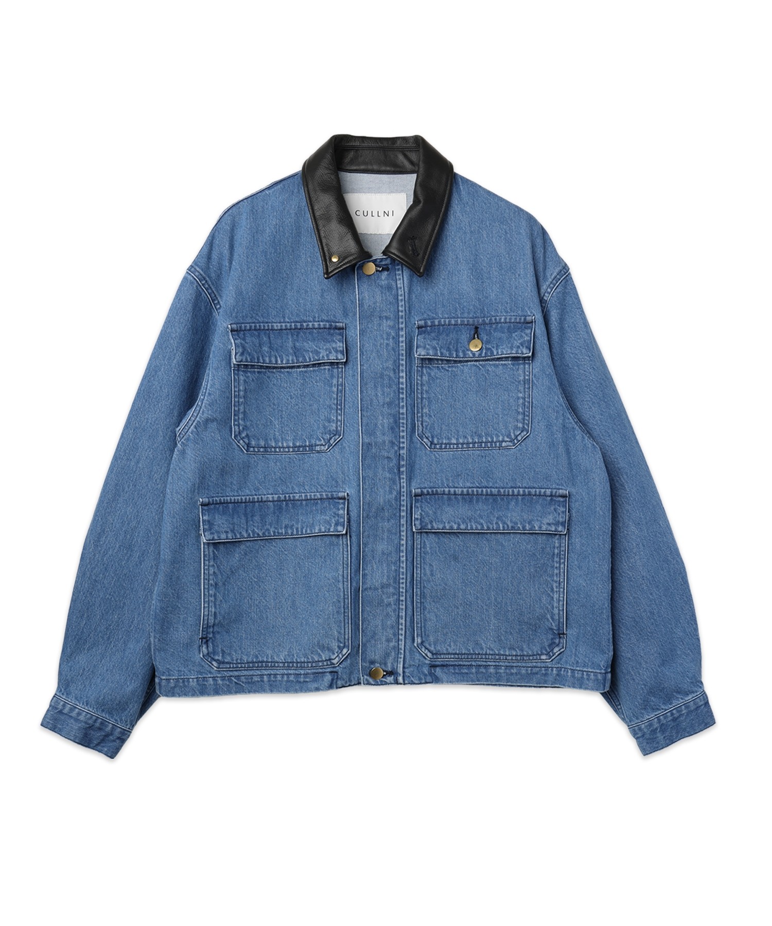 Heavy Bleach Wash Leather Collar 12oz Denim Jacket