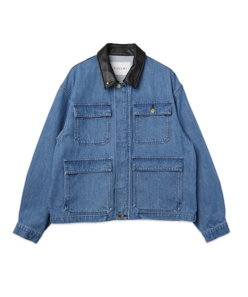 Heavy Bleach Wash Leather Collar 12oz Denim Jacket