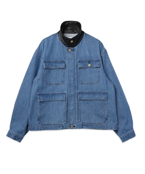 Heavy Bleach Wash Leather Collar 12oz Denim Jacket