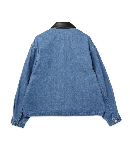 Heavy Bleach Wash Leather Collar 12oz Denim Jacket