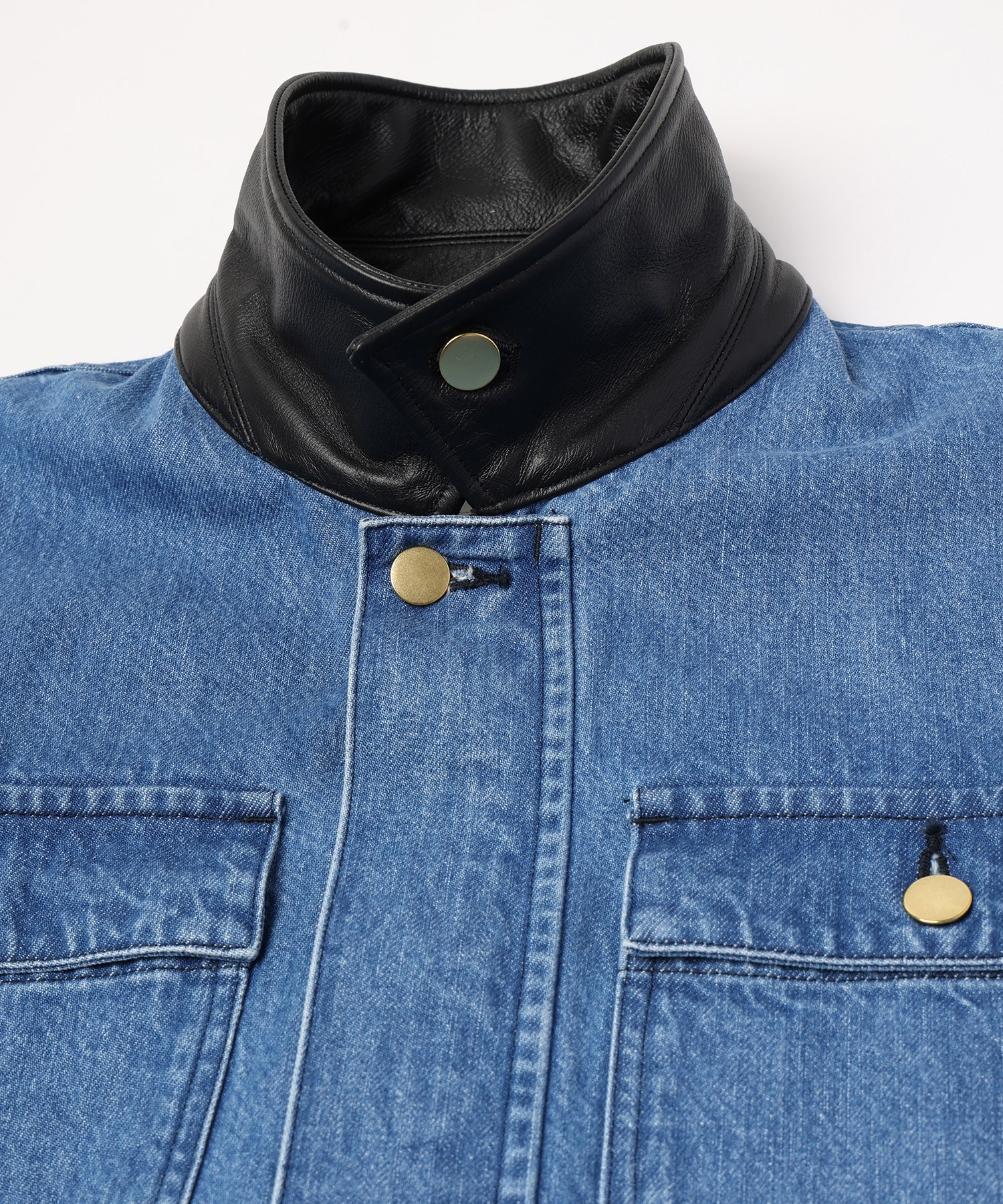 Heavy Bleach Wash Leather Collar 12oz Denim Jacket