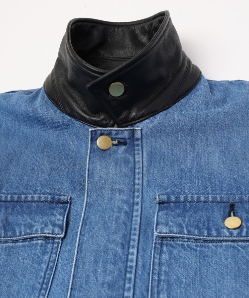 Heavy Bleach Wash Leather Collar 12oz Denim Jacket