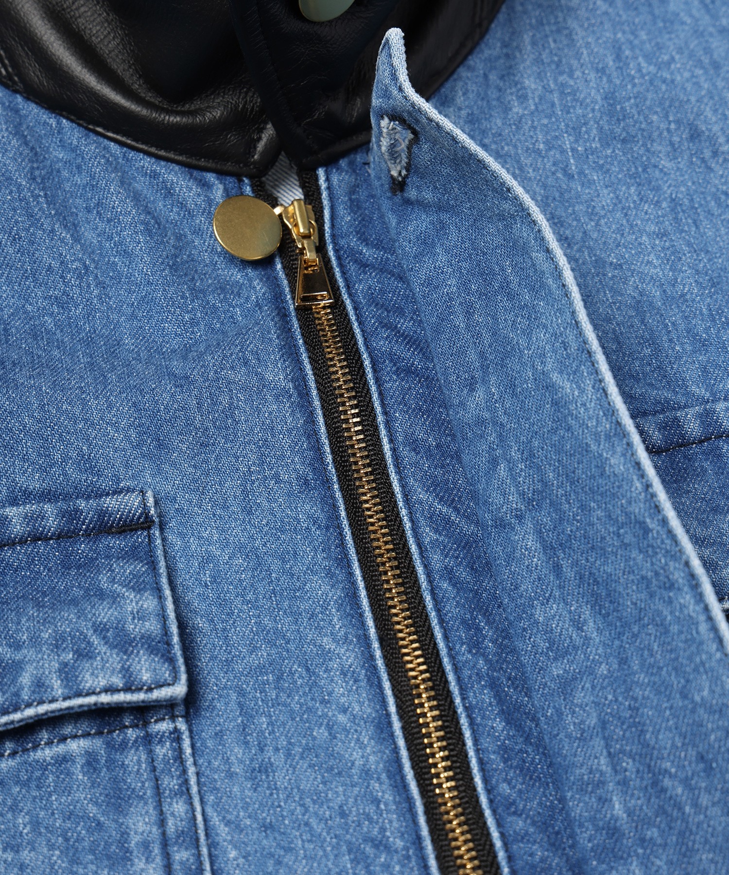 Heavy Bleach Wash Leather Collar 12oz Denim Jacket