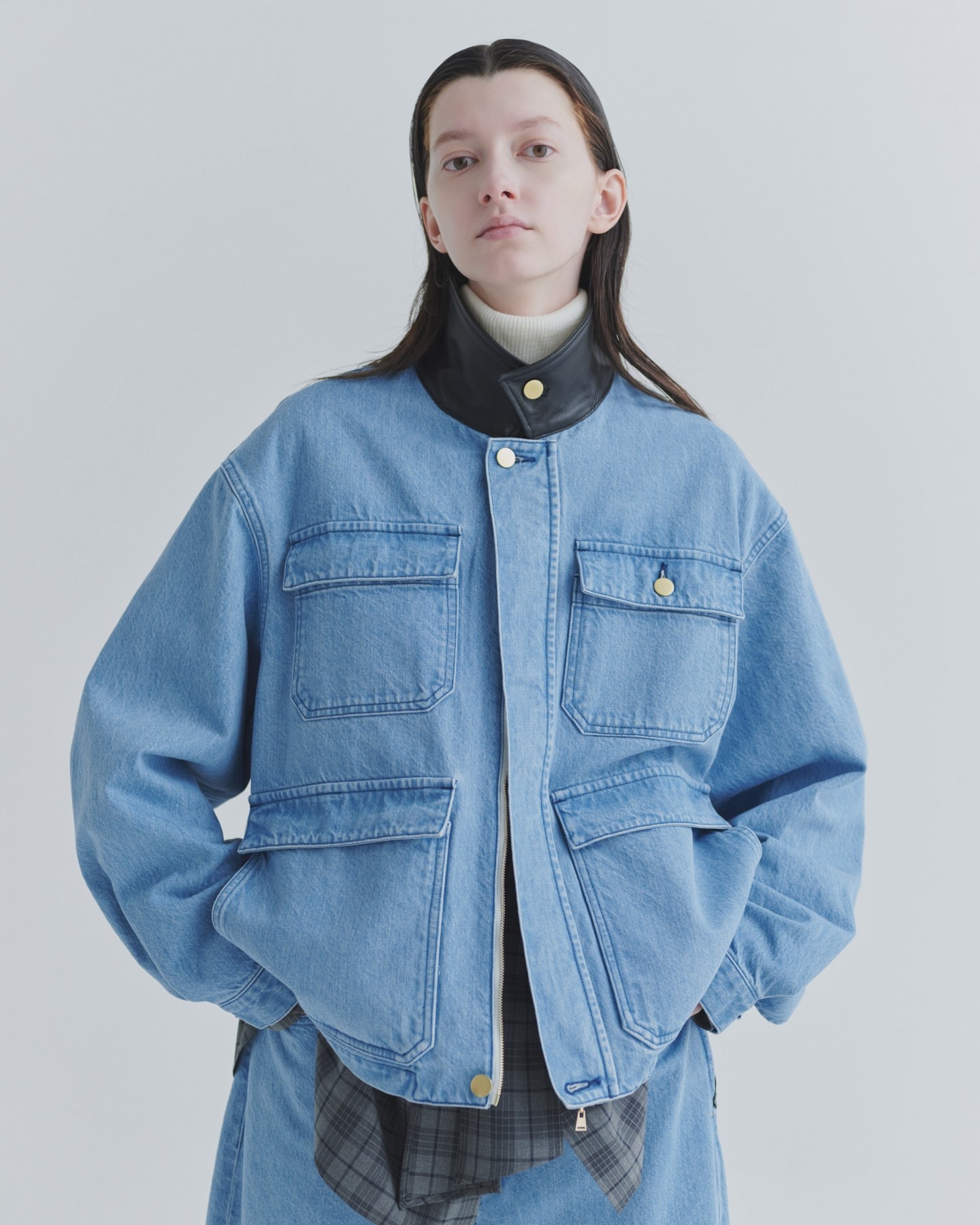 Heavy Bleach Wash Leather Collar 12oz Denim Jacket