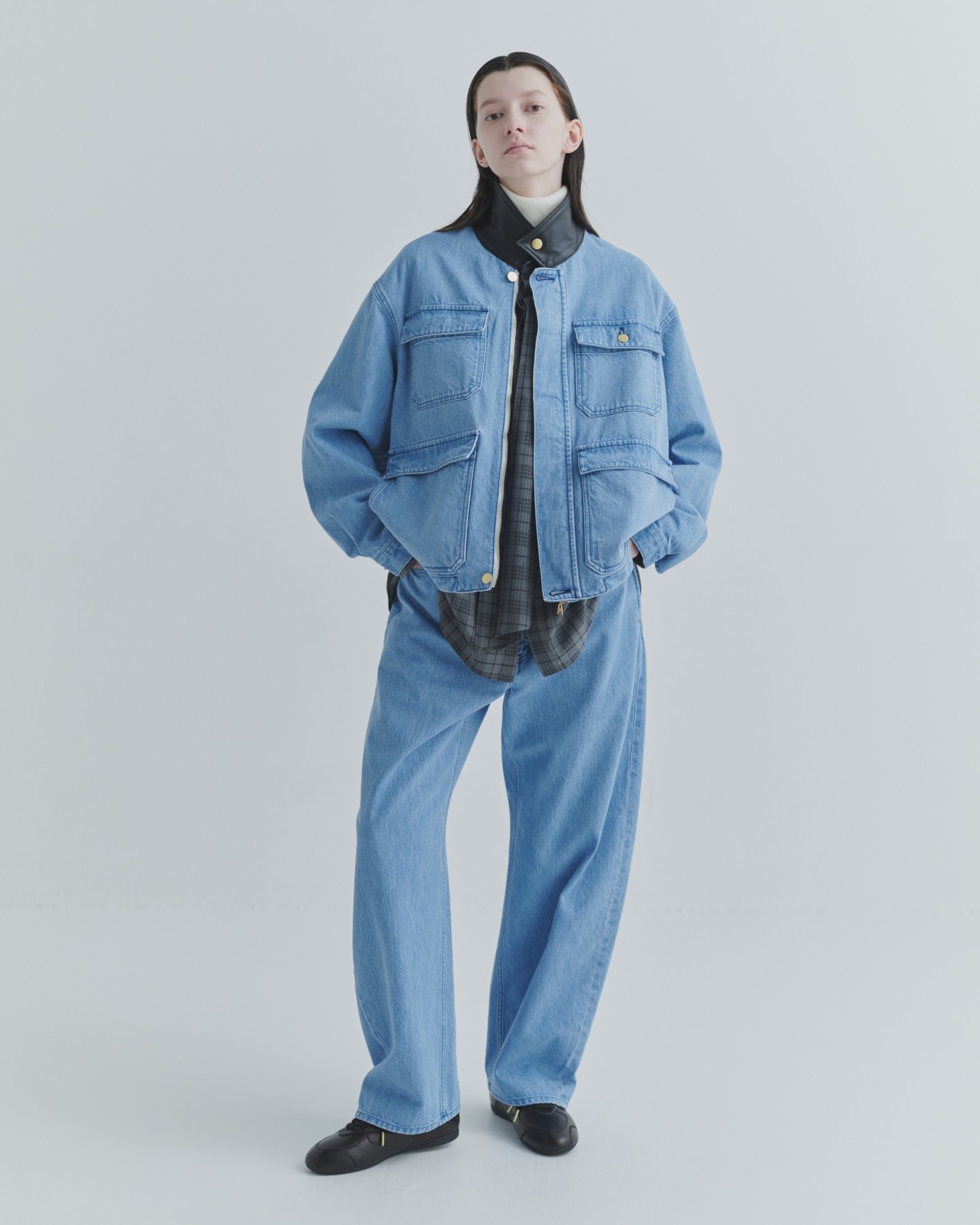 Heavy Bleach Wash Leather Collar 12oz Denim Jacket